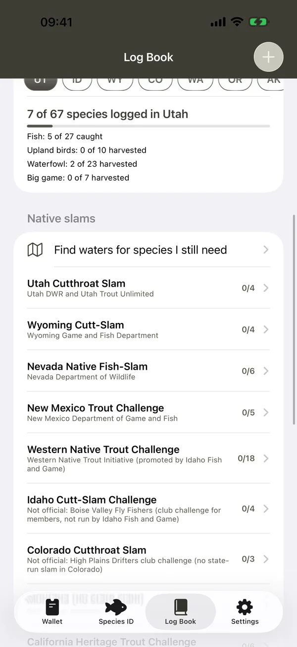 Log book species count and native fish slam checklists