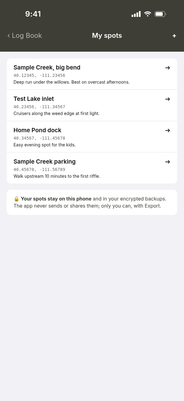 Private spots list of named fishing waypoints stored on the phone, each with a Directions button (mockup, sample data)